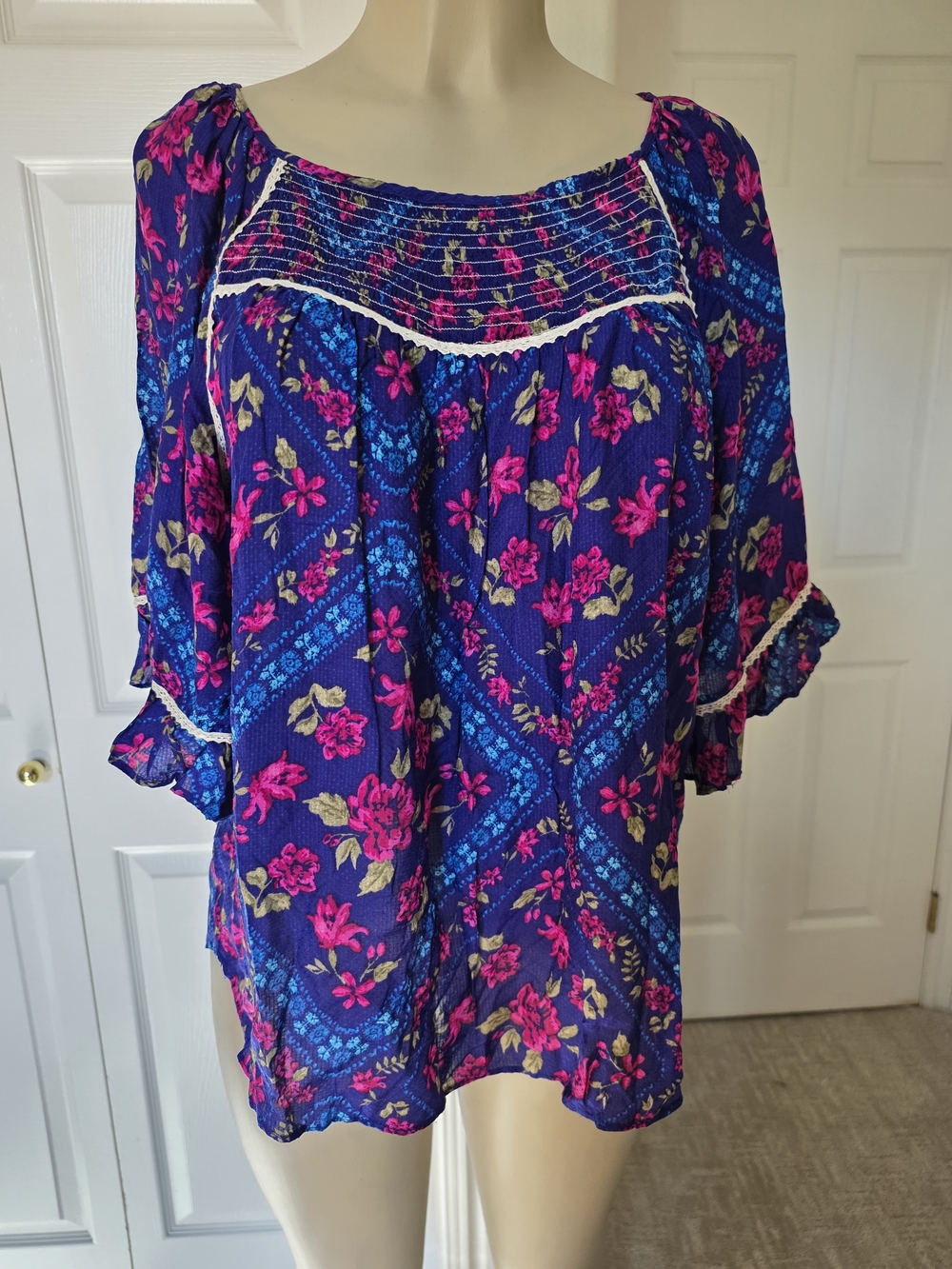 Floral Smocked Peasant Blouse - Purple with Pink Floral